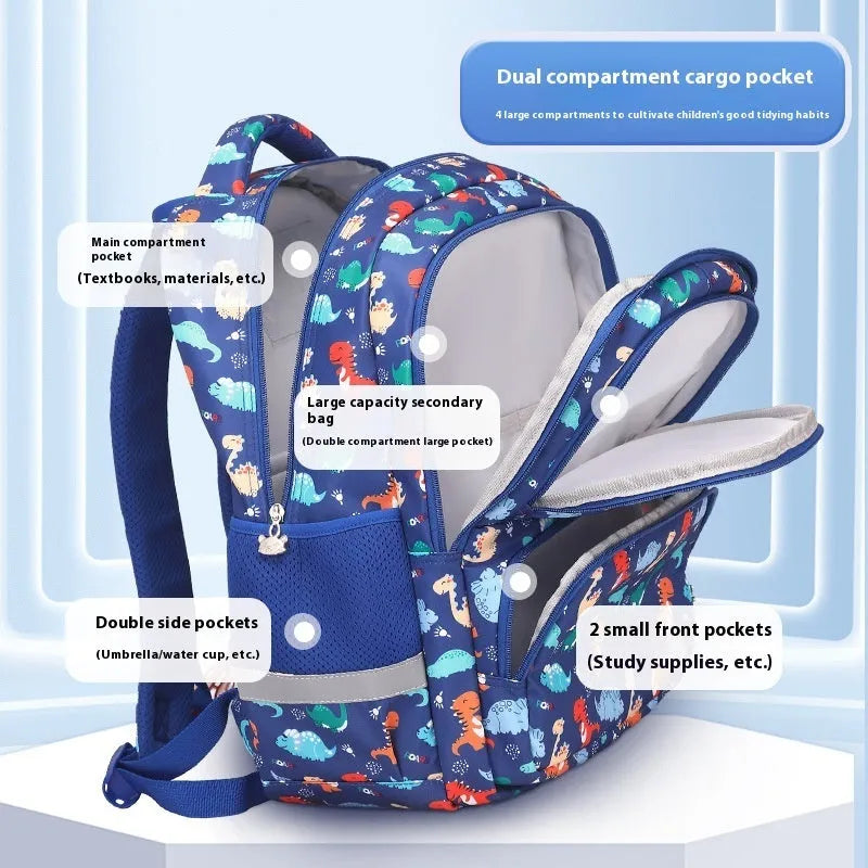 Blue dinosaur print children's school backpack with curved shoulder straps on a grey background