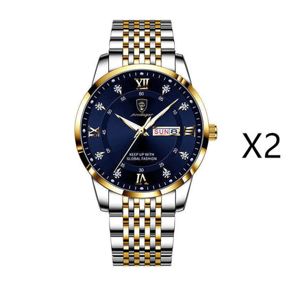 Men's Seiko quartz watch with 43mm round dial, stainless steel strap, 50m water resistance, luminous calendar, sapphire crystal glass