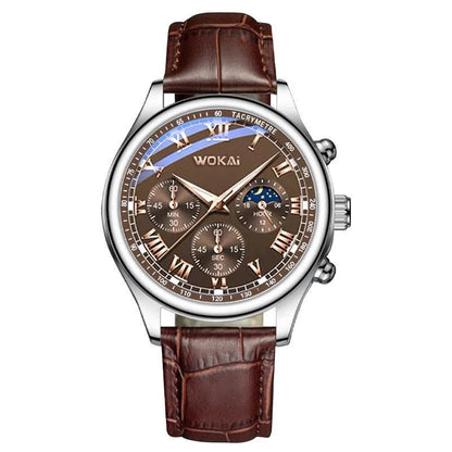 Men's quartz sport watch with 40.5mm round dial, coffee imitation leather strap, and pin buckle
