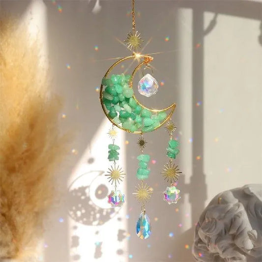 Moon-shaped crystal pendant for car interior with 100mm K9 crystal and 420mm metal chain
