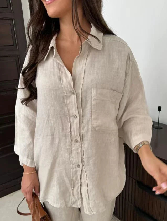 Women's stylish polyester lounge set with wide-leg pants and long-sleeved shirt in various colors