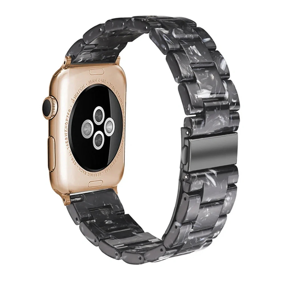 Slim resin Apple Watch strap showing attachment mechanism and colour options