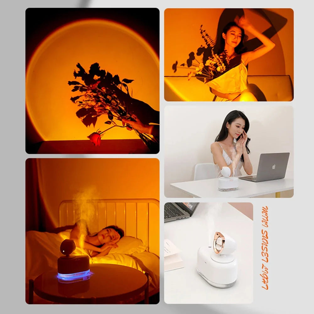 Sunset lamp humidifier with warm, ambient lighting and soothing mist for home and office decor