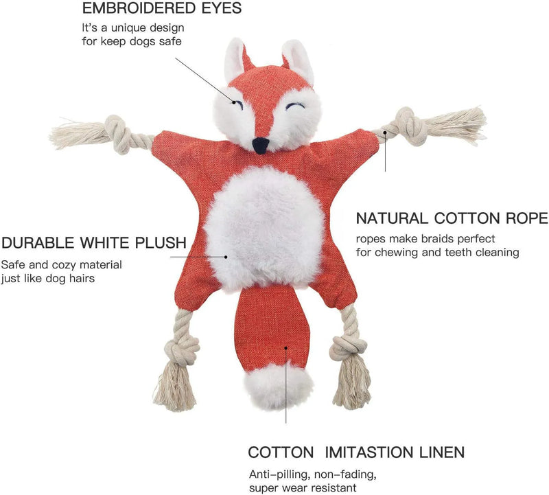 Fox dog toy with squeaker and crinkle paper throughout the body, a stuffless dog chew toy featuring a cotton rope and eye embroidery design for interactive play with puppies and small dogs