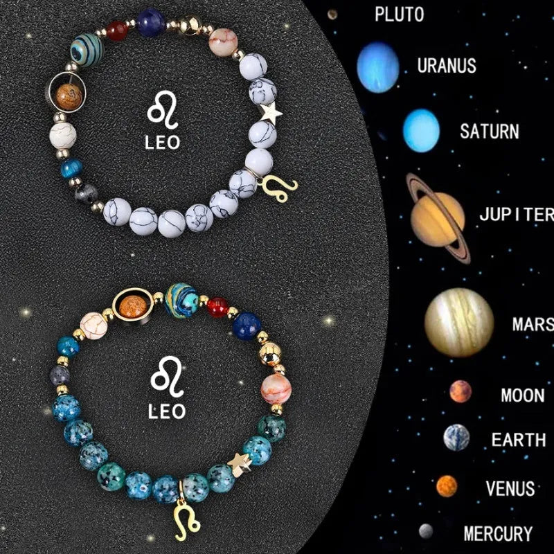 Twelve Zodiac Sign beaded bracelet set with natural stone beads and silver charms on adjustable chain