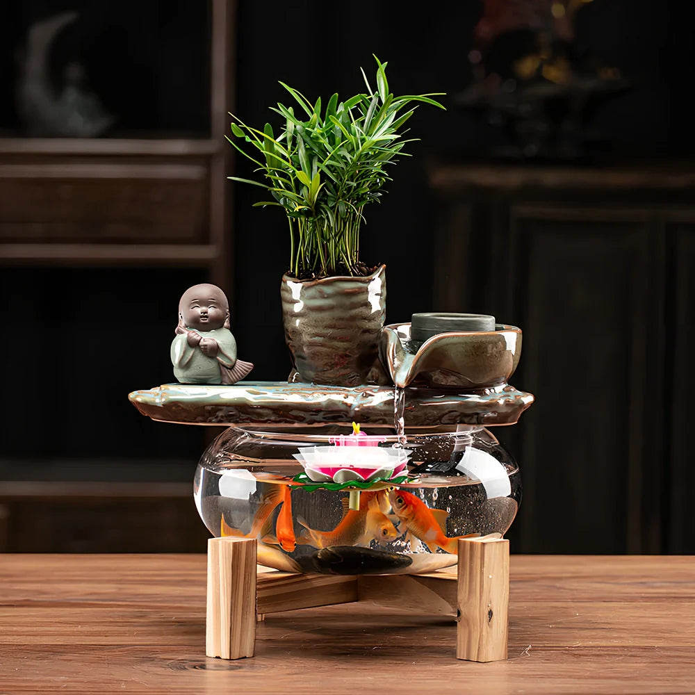 Ceramic water fountain fish tank lamp with stone mill design and integrated LED lighting