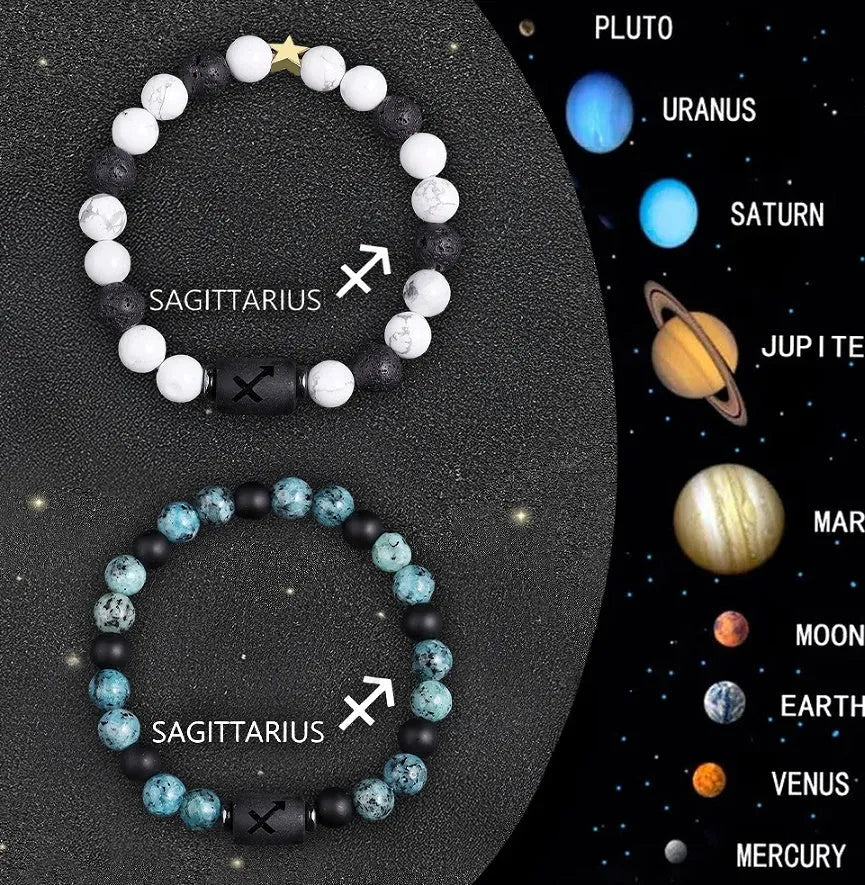Twelve Zodiac Sign beaded bracelet set with natural stone beads and stainless steel clasp on wrist