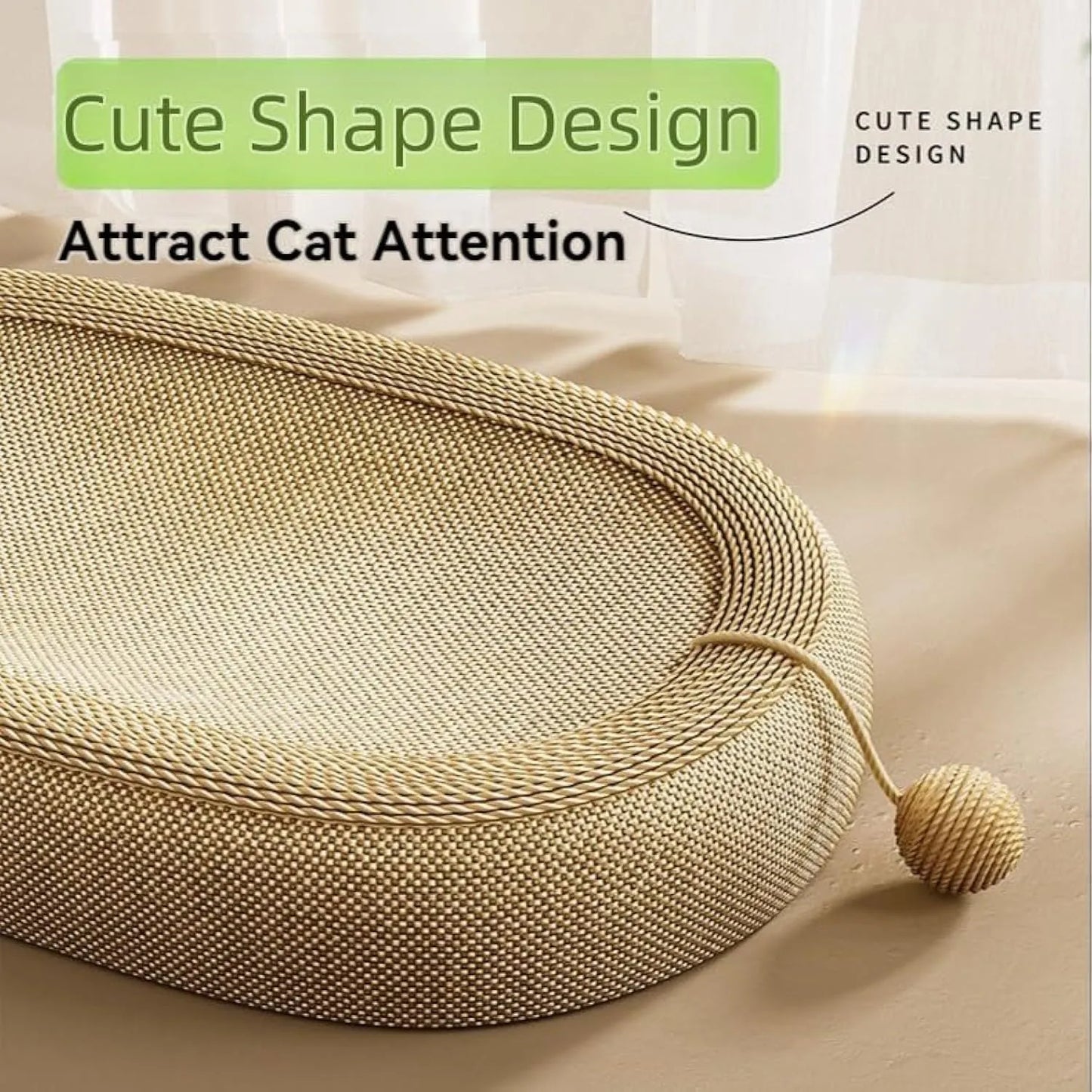 Large rectangular sisal cat scratching board with an attached raised lounge bed for cats, shown on a living room floor.