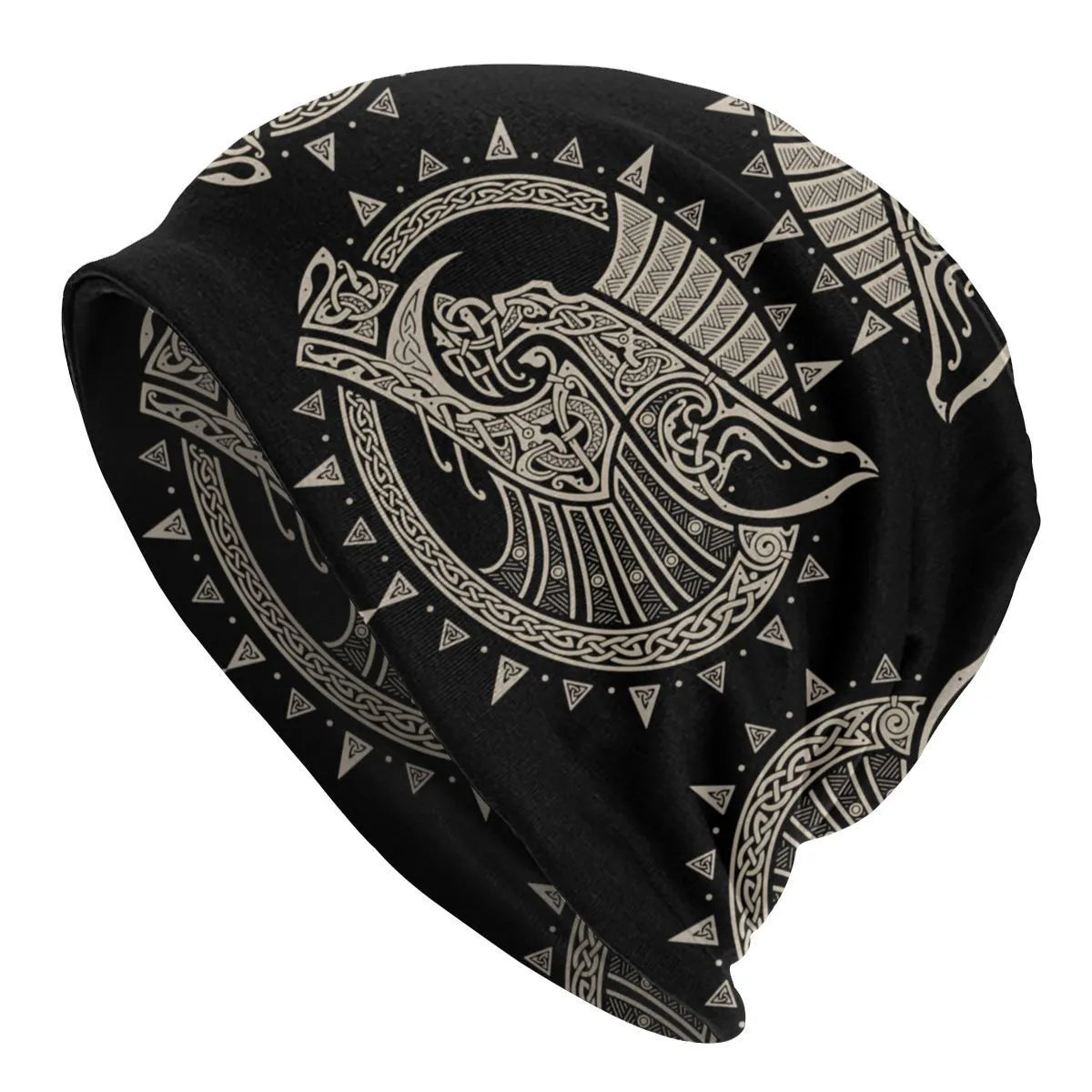 A black cotton hat with a white Viking wolf graphic and an elasticated sleeve cap construction.