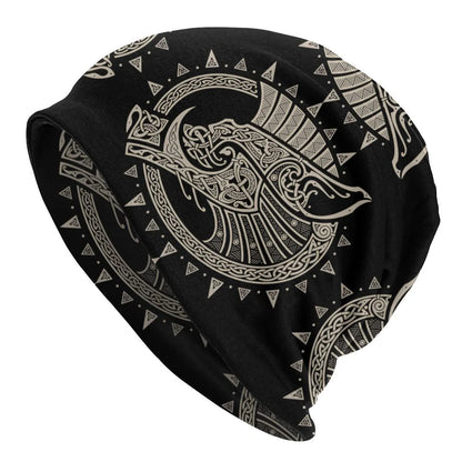 A black cotton hat with a white Viking wolf graphic and an elasticated sleeve cap construction.