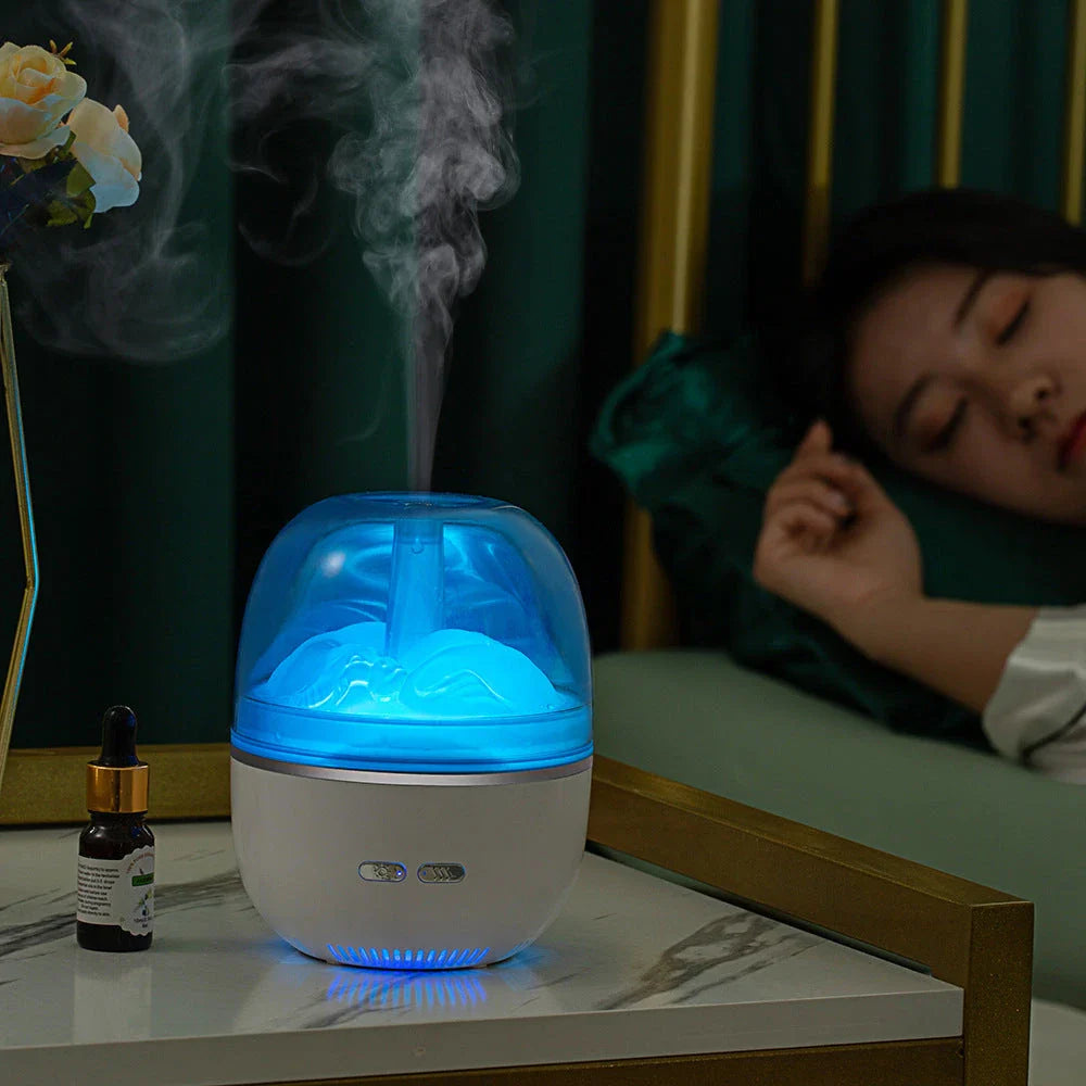 Ultrasonic aromatherapy humidifier with color-changing LED lights, compact and sleek design for home or office use
