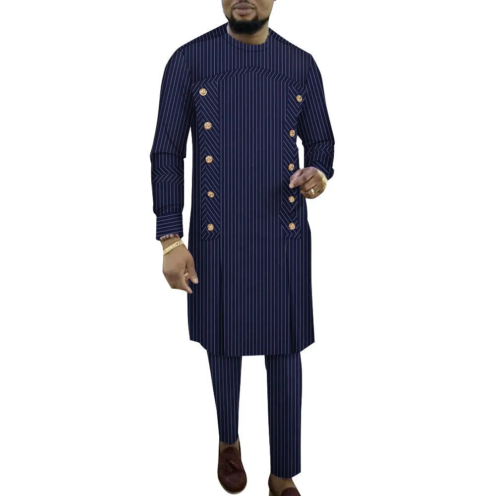 African-inspired striped cotton robe two-piece set for men showing top and trousers in multiple colour variations