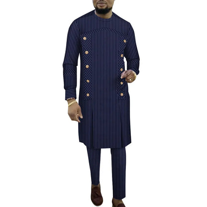African-inspired striped cotton robe two-piece set for men showing top and trousers in multiple colour variations