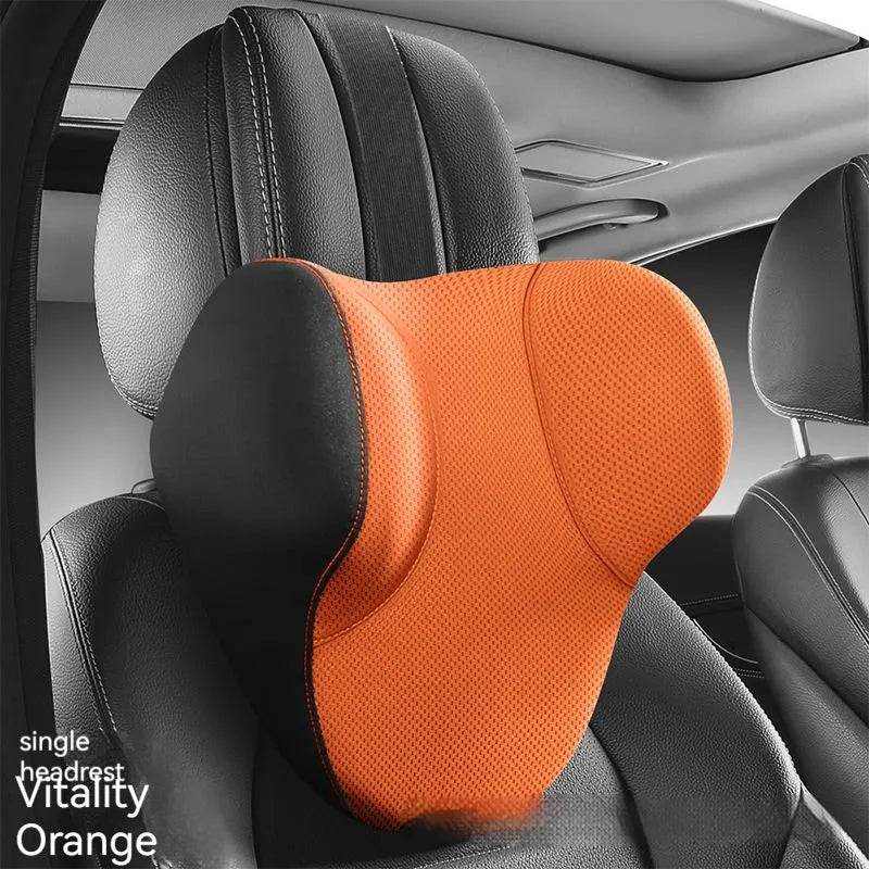 Memory foam car lumbar support pillow and headrest set in knitted fabric with hydrophobic latex filler
