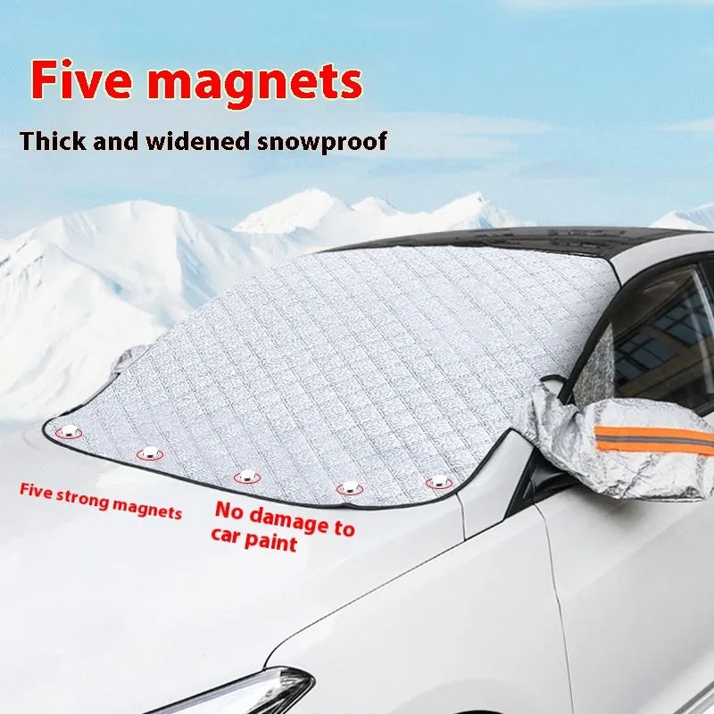 Winter car cover for SUV front windshield with reflective edges and magnetic attachment system