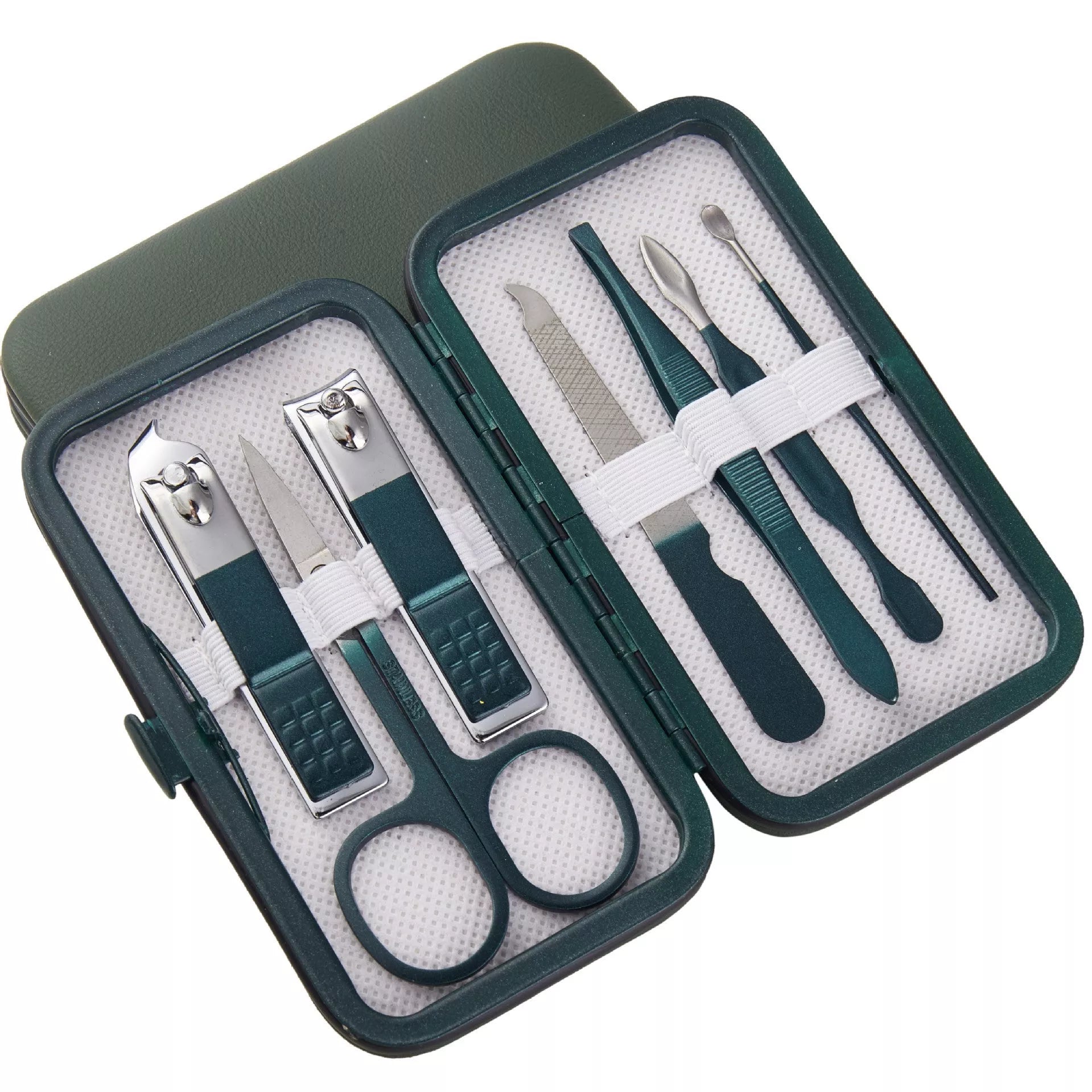 Professional stainless steel manicure set with emerald green case