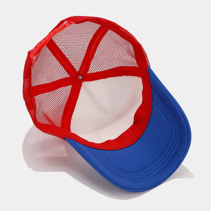 Red and blue colour option baseball cap with dome crown and adjustable strap.