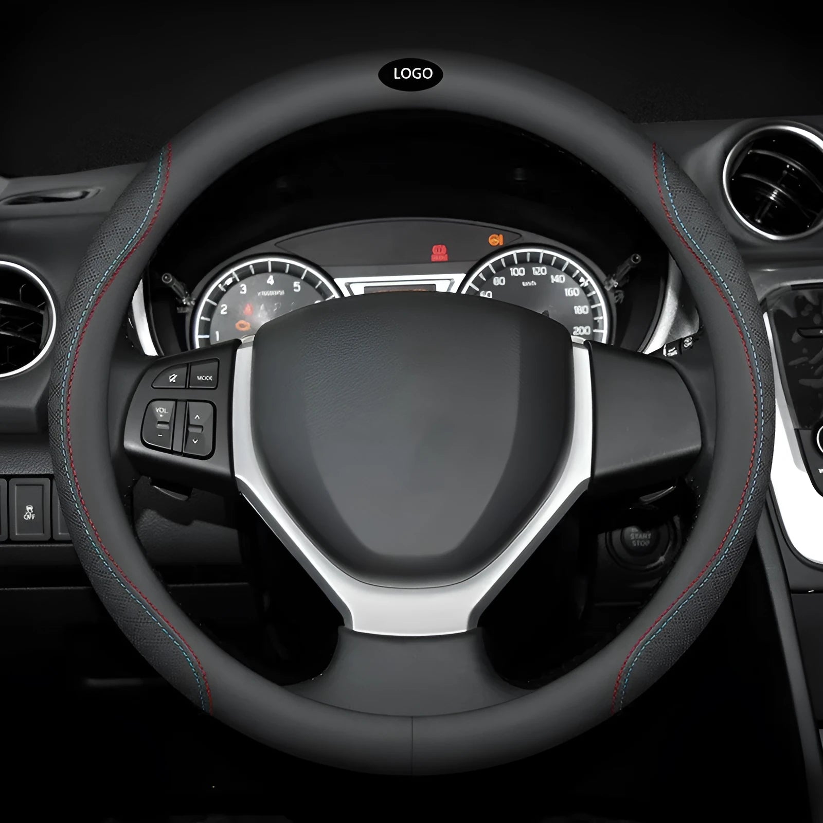 Black two-tone Napa leather steering wheel cover with 38cm diameter for Suzuki vehicles