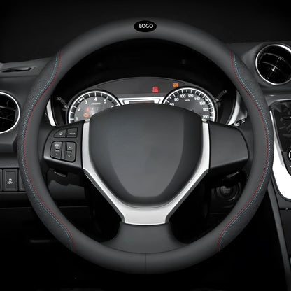 Black two-tone Napa leather steering wheel cover with 38cm diameter for Suzuki vehicles