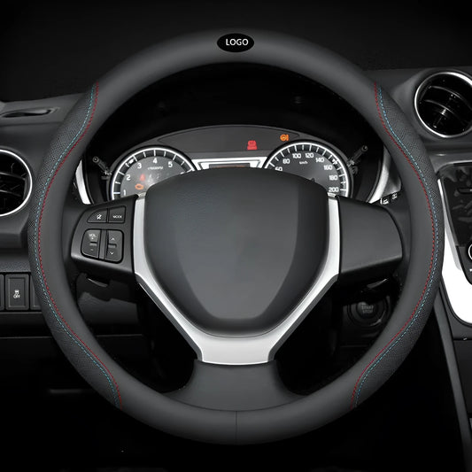Black two-tone Napa leather steering wheel cover with 38cm diameter for Suzuki vehicles