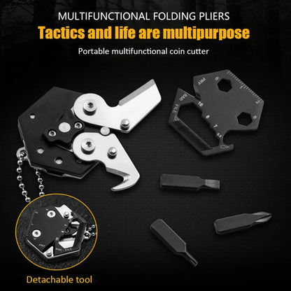 Black multifunctional hexagon keychain knife, 38mm x 13mm stainless steel tool with 2cm blade and key ring