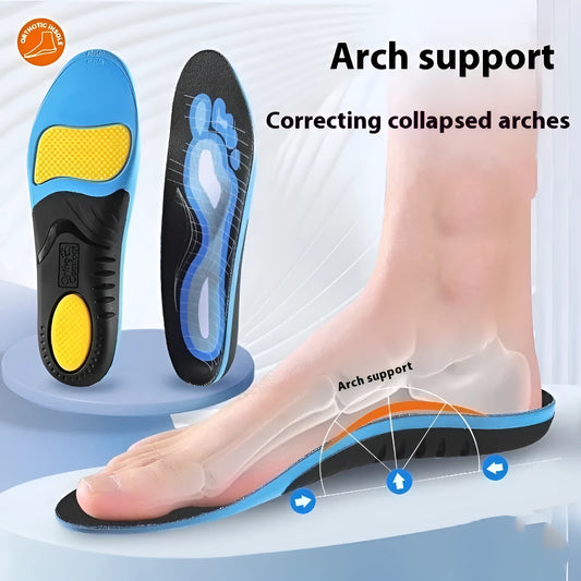 Blue and green PU foam flat foot correction insoles for men and women.
