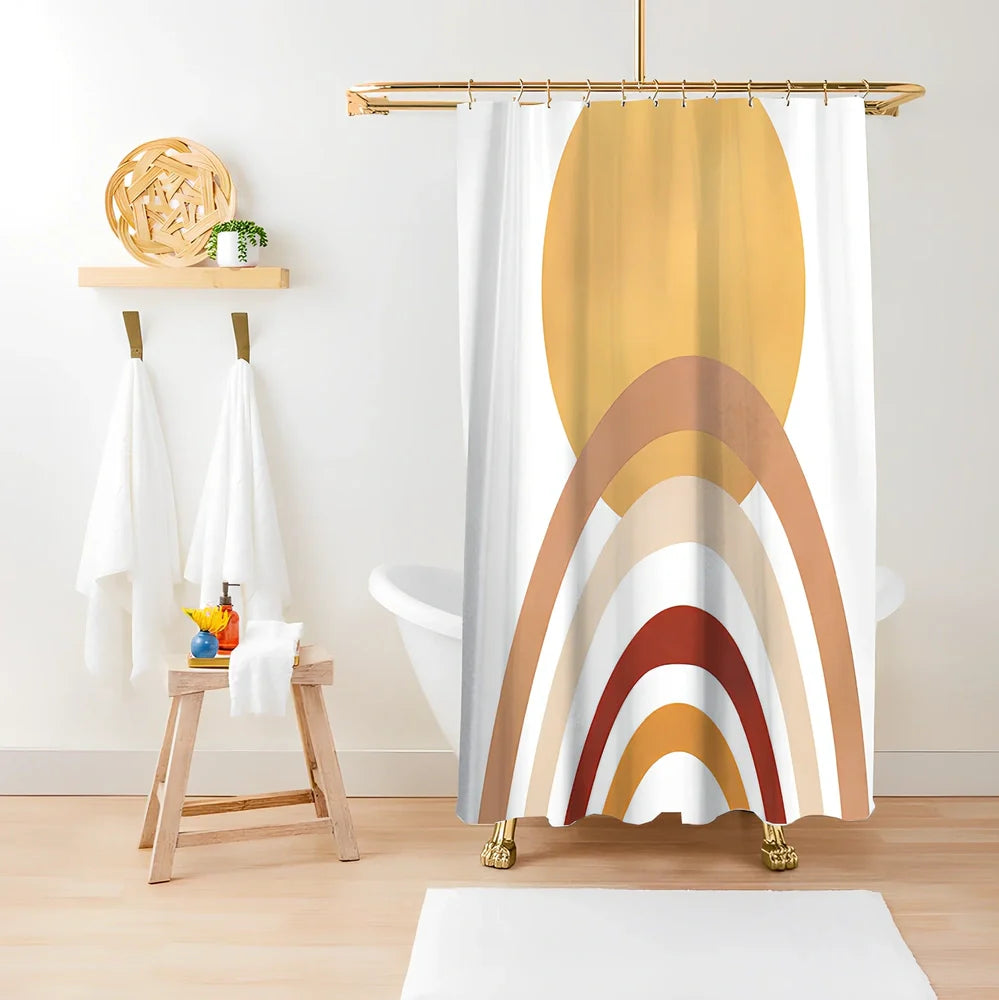 Green plant print shower curtain with waterproof polyester material in bathroom setting