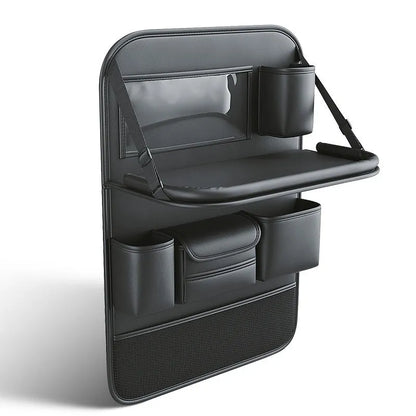 Leather car seat lazyback storage bag with foldable dining table, waterproof, 1.2kg, 48 x 25 x 6cm, in four colours.
