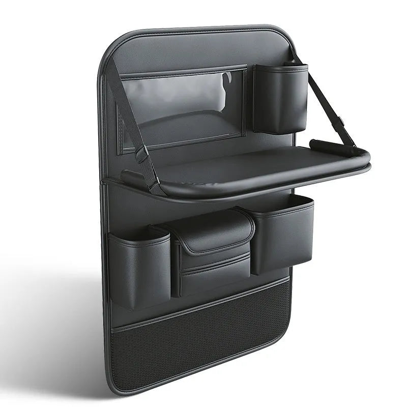 Car Seat Lazyback Storage Bag in Leather with Foldable Dining Table, Waterproof and Pressure Resistant, Hanging Backrest Organiser for Car Interior Travel and Everyday Use, Available in Obsidian Black, High-Grade Gray, Olive Green and Luxury Brown