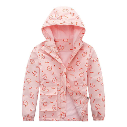 Kids' windproof waterproof fleece-lined hooded jacket in camouflage and plain colours, height 110cm to 160cm
