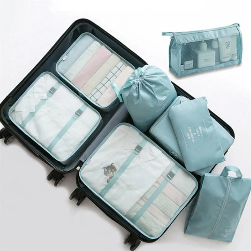 8-piece set of colorful travel packing cubes for organizing clothes and shoes