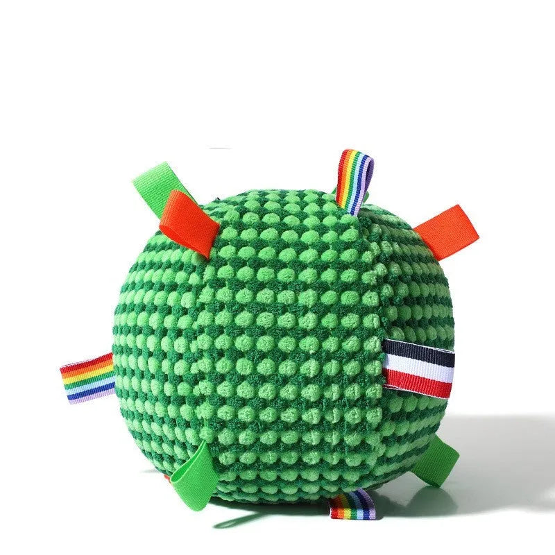 17cm diameter pineapple lattice dog toy in blue and yellow colour combination showing textured surface pattern