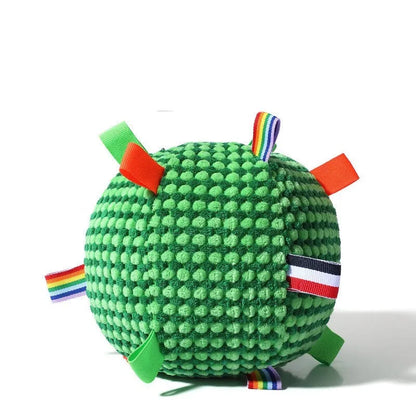 17cm diameter pineapple lattice dog toy in blue and yellow colour combination showing textured surface pattern