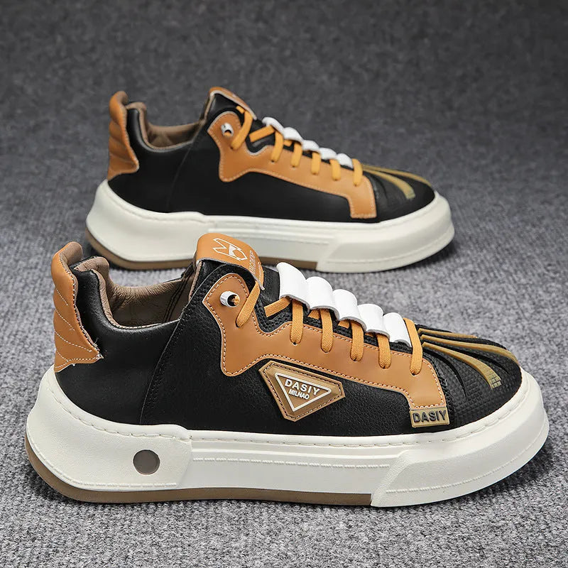 Men's beige low-top sneakers with elastic band closure and leather stitching on microfiber upper