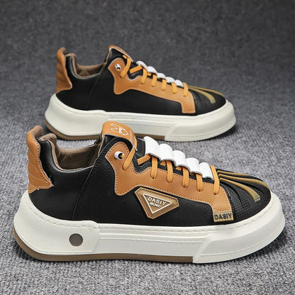 Men's beige low-top sneakers with elastic band closure and leather stitching on microfiber upper
