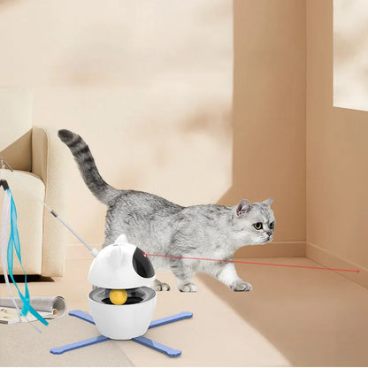 White automatic motion sensor cat toy with elastic rope wand extended