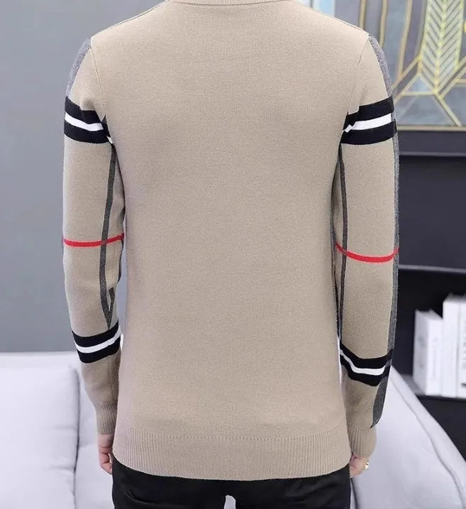 Men's slim-fit round neck pullover sweater in extra coarse wool with contrast colours, available in black, khaki, and apricot.