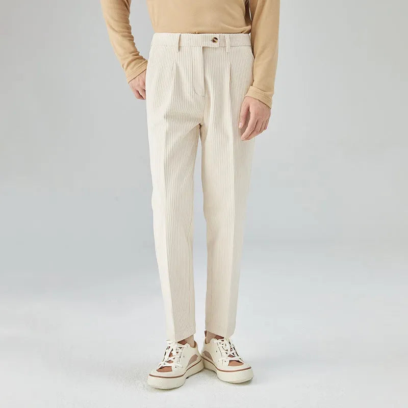 Men's straight-leg corduroy trousers in beige, black, and brown gray colours showing mid-waist and loose fit