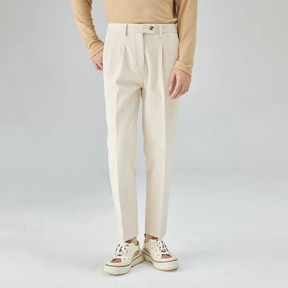 Men's straight-leg corduroy trousers in beige, black, and brown gray colours showing mid-waist and loose fit