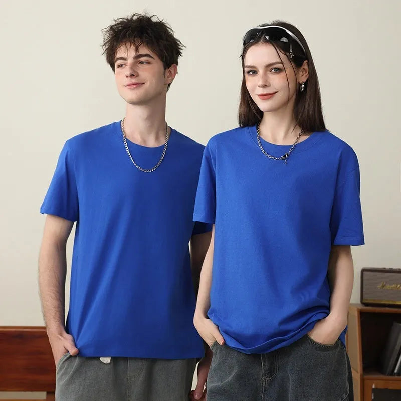 Round Neck Overalls Summer Pure Cotton T-shirt Loose Pullover Top in Solid Colours for Youth Sizes S to 5XL White Blue Red Green Black Apricot Orange