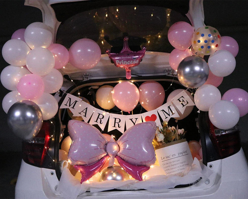 Romantic car trunk proposal decoration kit with balloons, lights, and proposal accessories
