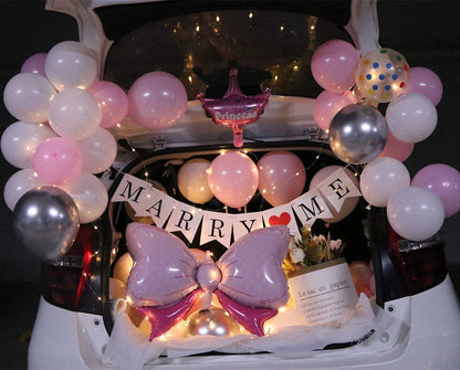 Romantic car trunk proposal decoration kit with balloons, lights, and proposal accessories