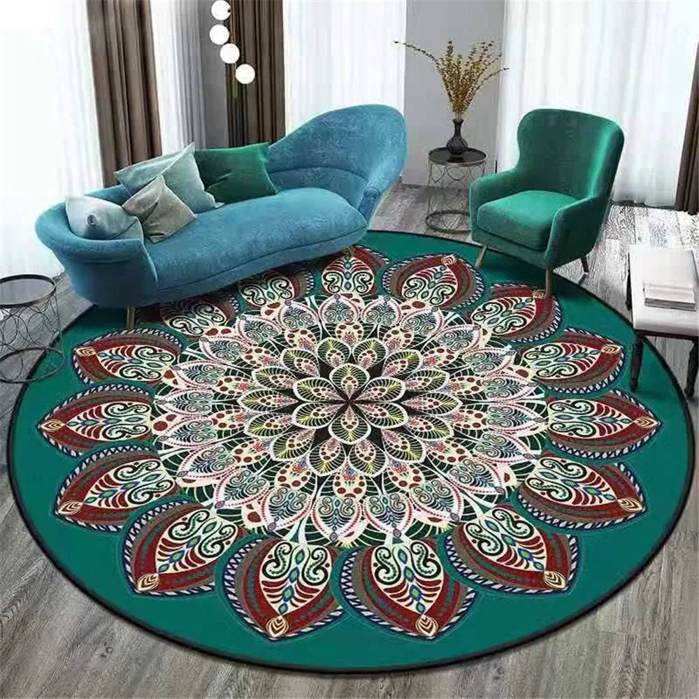 Round polyester rug with national style pattern in living room setting