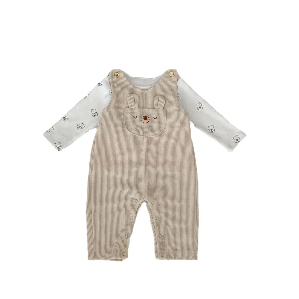 Infant clothing set with suspenders on corduroy trousers and long sleeve top