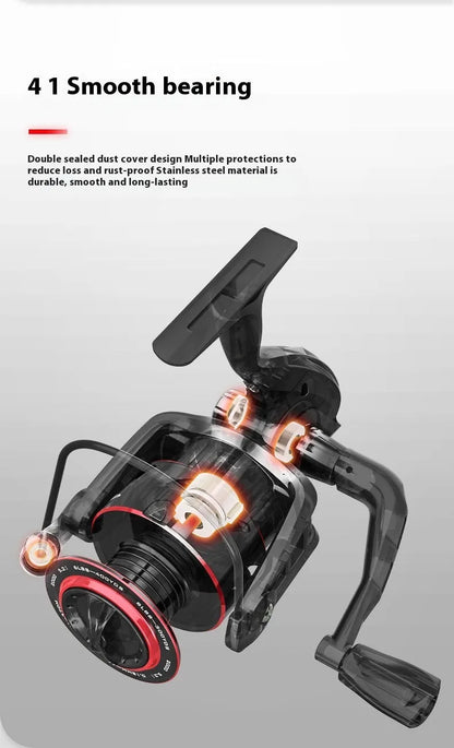 All-metal spinning fishing reel and collapsed telescopic rod combo on a background