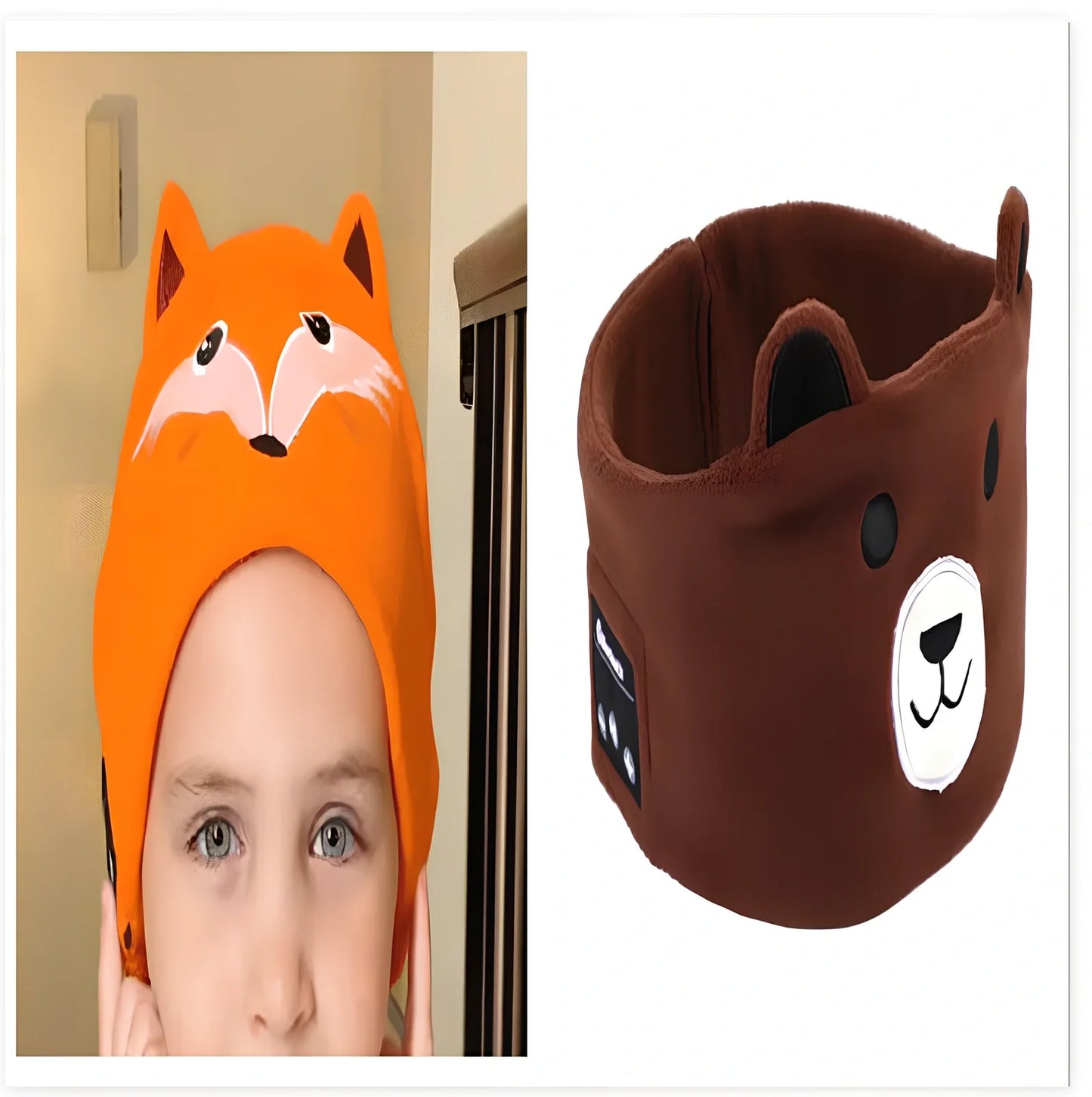 Bluetooth animal headband sleep mask with dinosaur hood showing integrated speakers and wireless design
