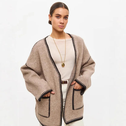 Lace-up knitted cardigan in camel colour with loose mid-length design and imitation cashmere fabric