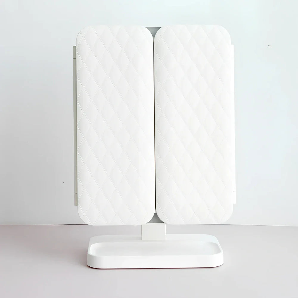 White LED makeup mirror with folded design showing rotation mechanism and magnification lenses