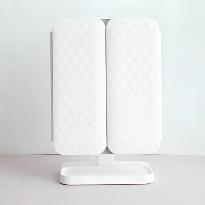 White LED makeup mirror with folded design showing rotation mechanism and magnification lenses