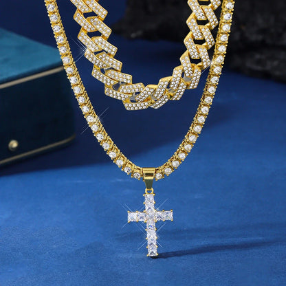 Zircon cross pendant necklace with Miami curb Cuban chain in gold and silver